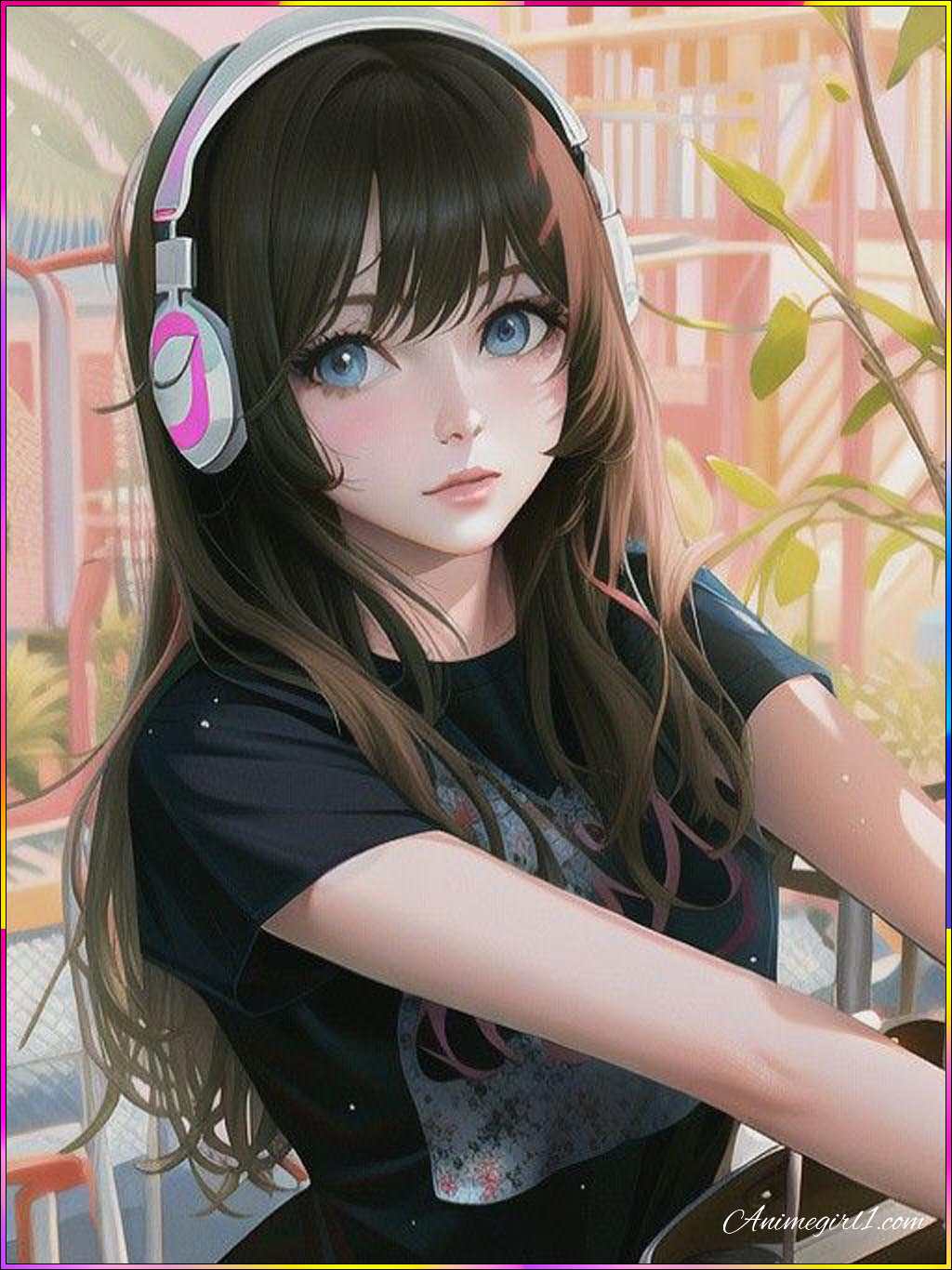 girl anime with headphones