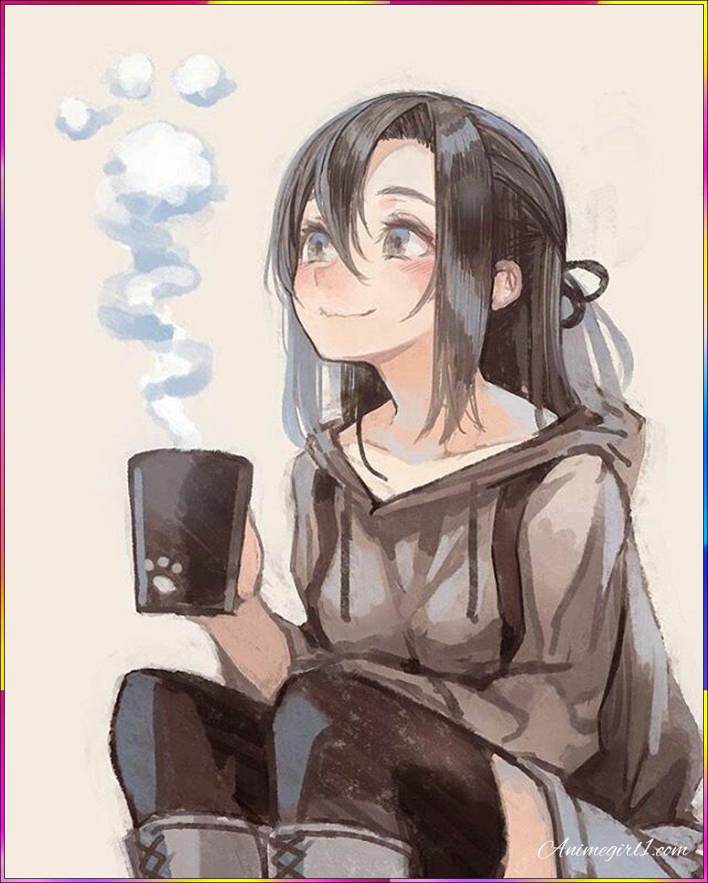anime girl taking coffee