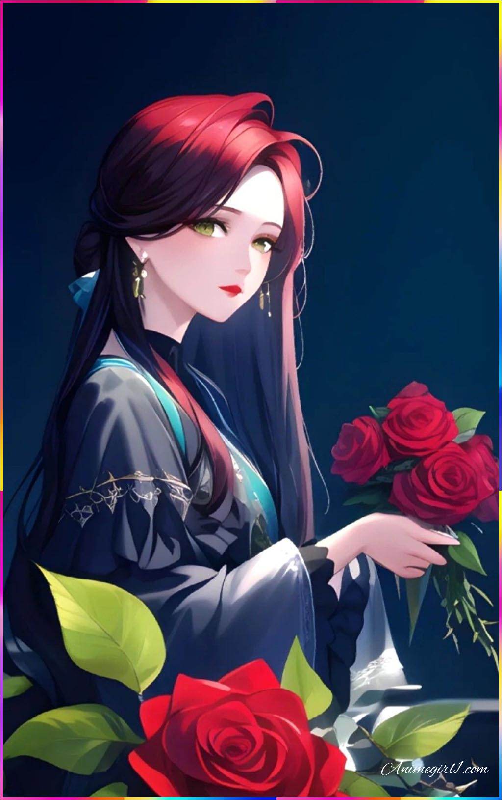 anime girl with red rose