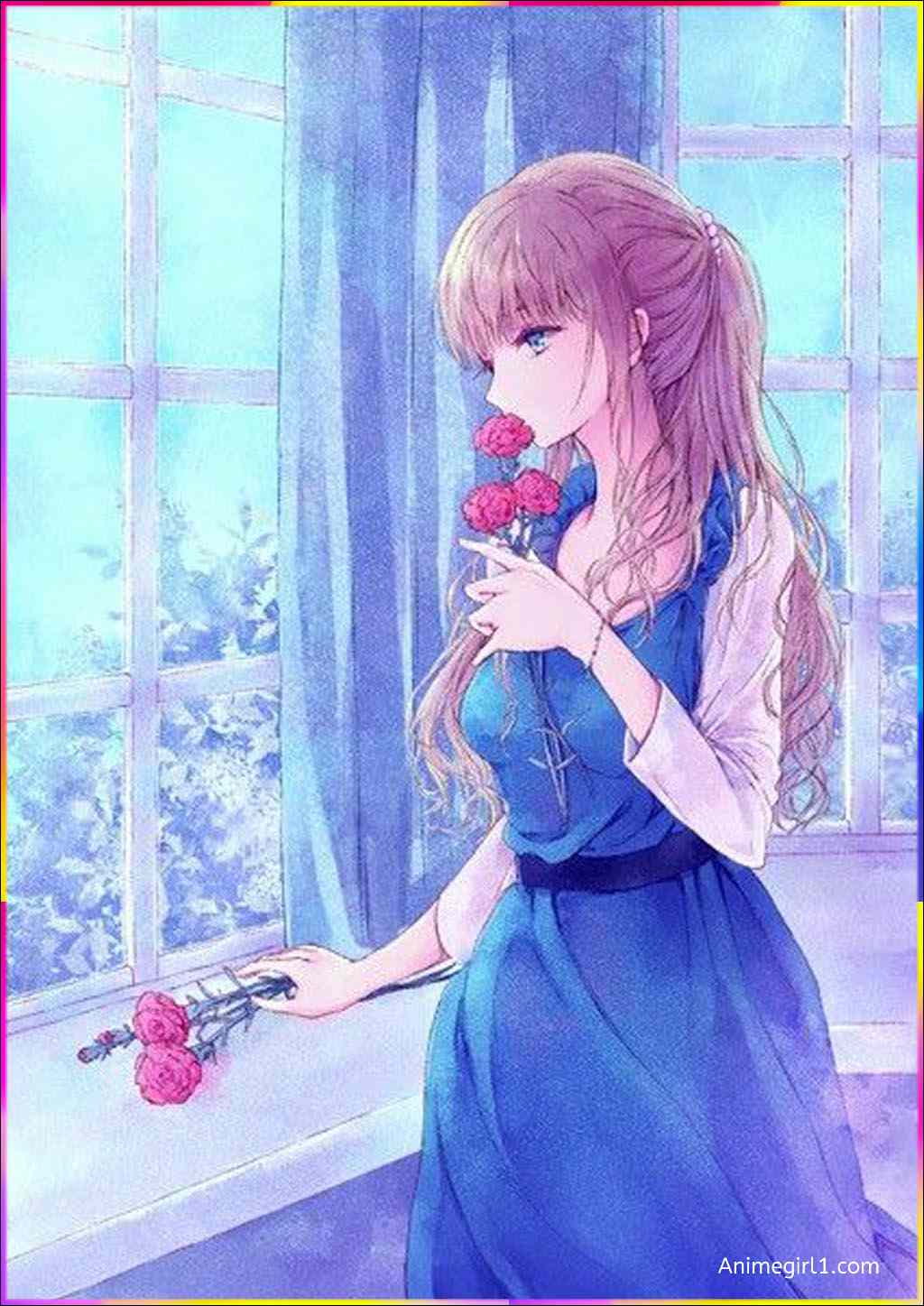 anime girl smelling flowers