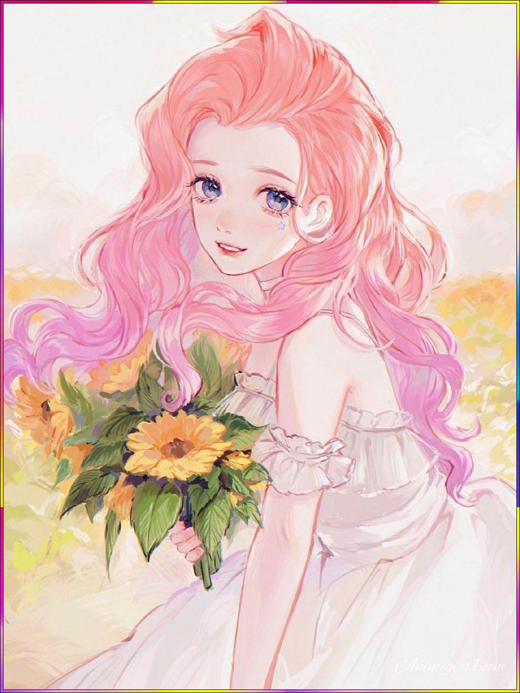 anime girl with pink hair and flowers