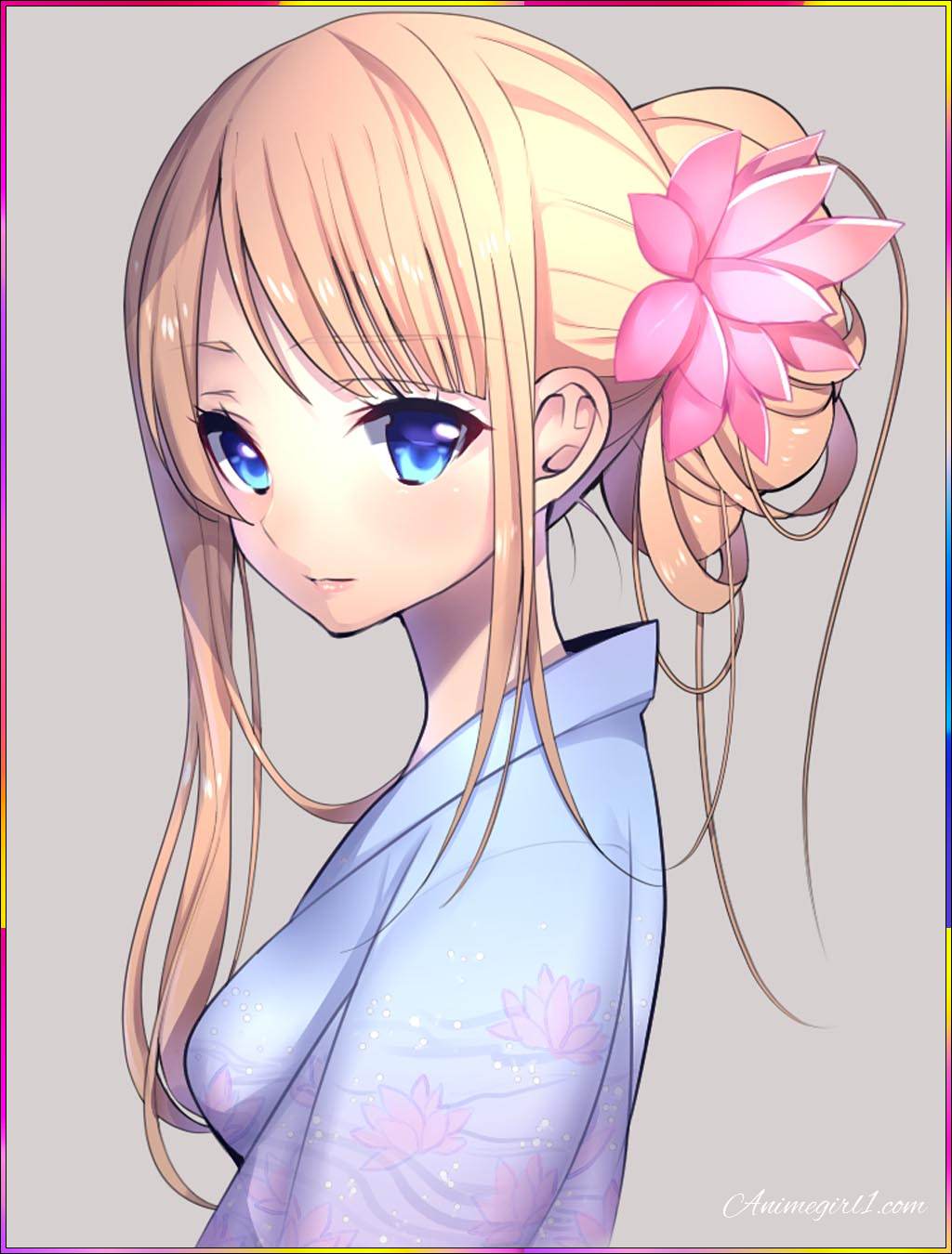 cute anime girl with pink flower in hair