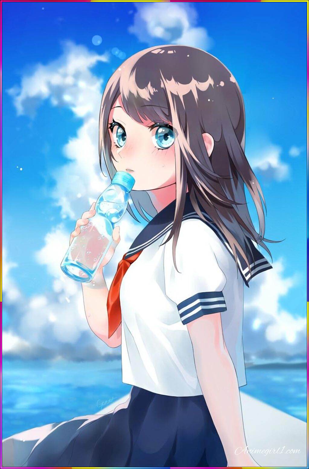 anime girl drinking water