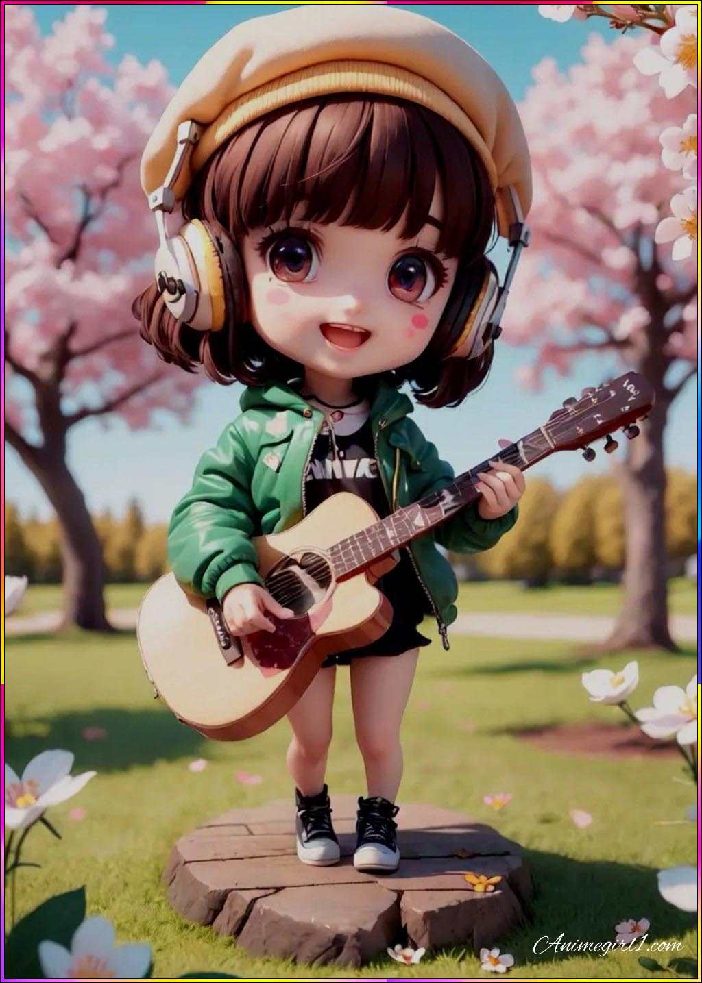 cute little anime girl playing guitar and enjoying