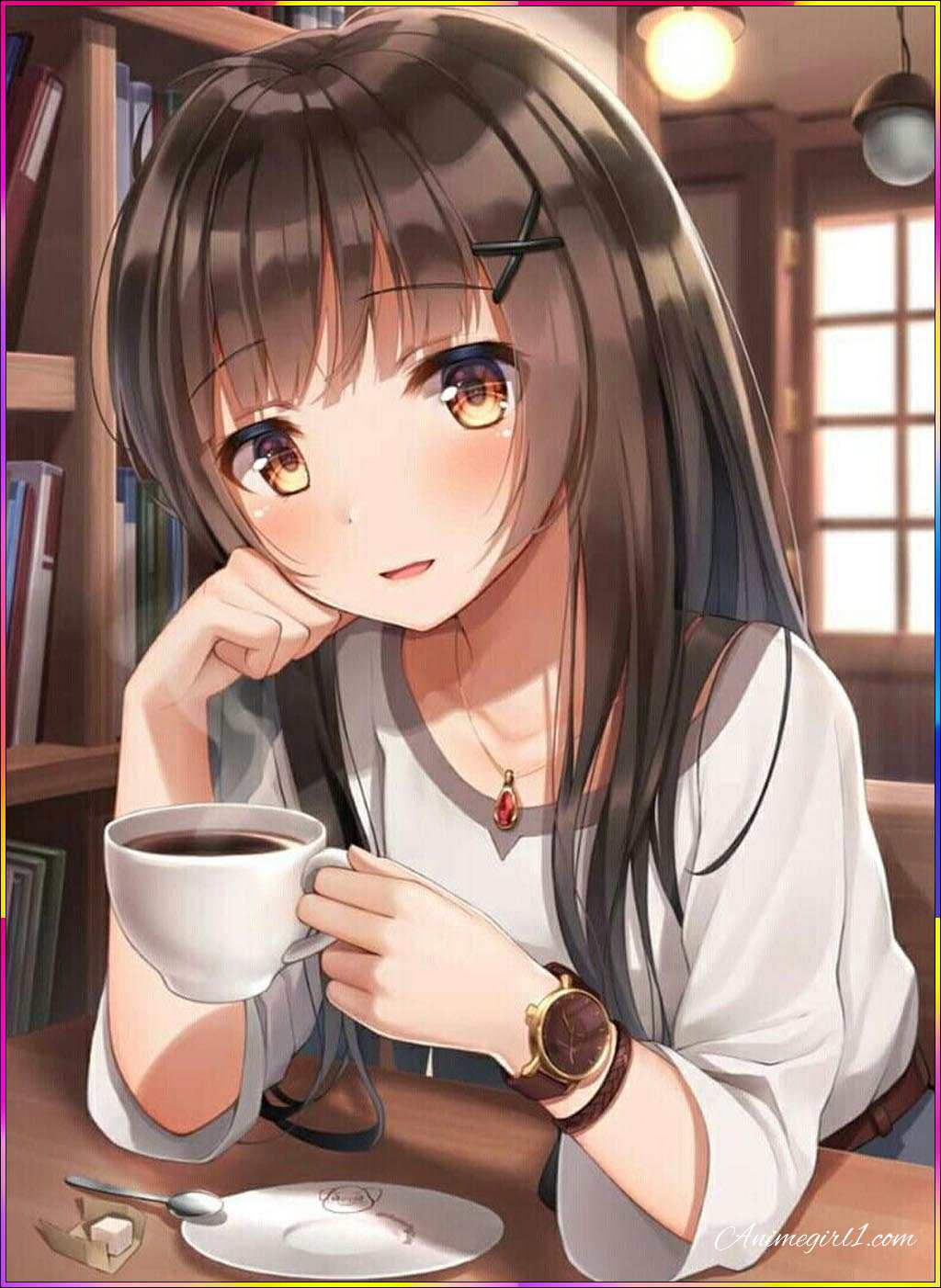 anime girl with coffee